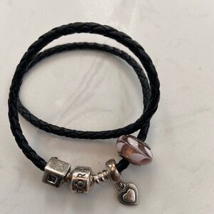 Pandora Black Braided Leather Bracelet with Silver Charms and purple Glass Bead
